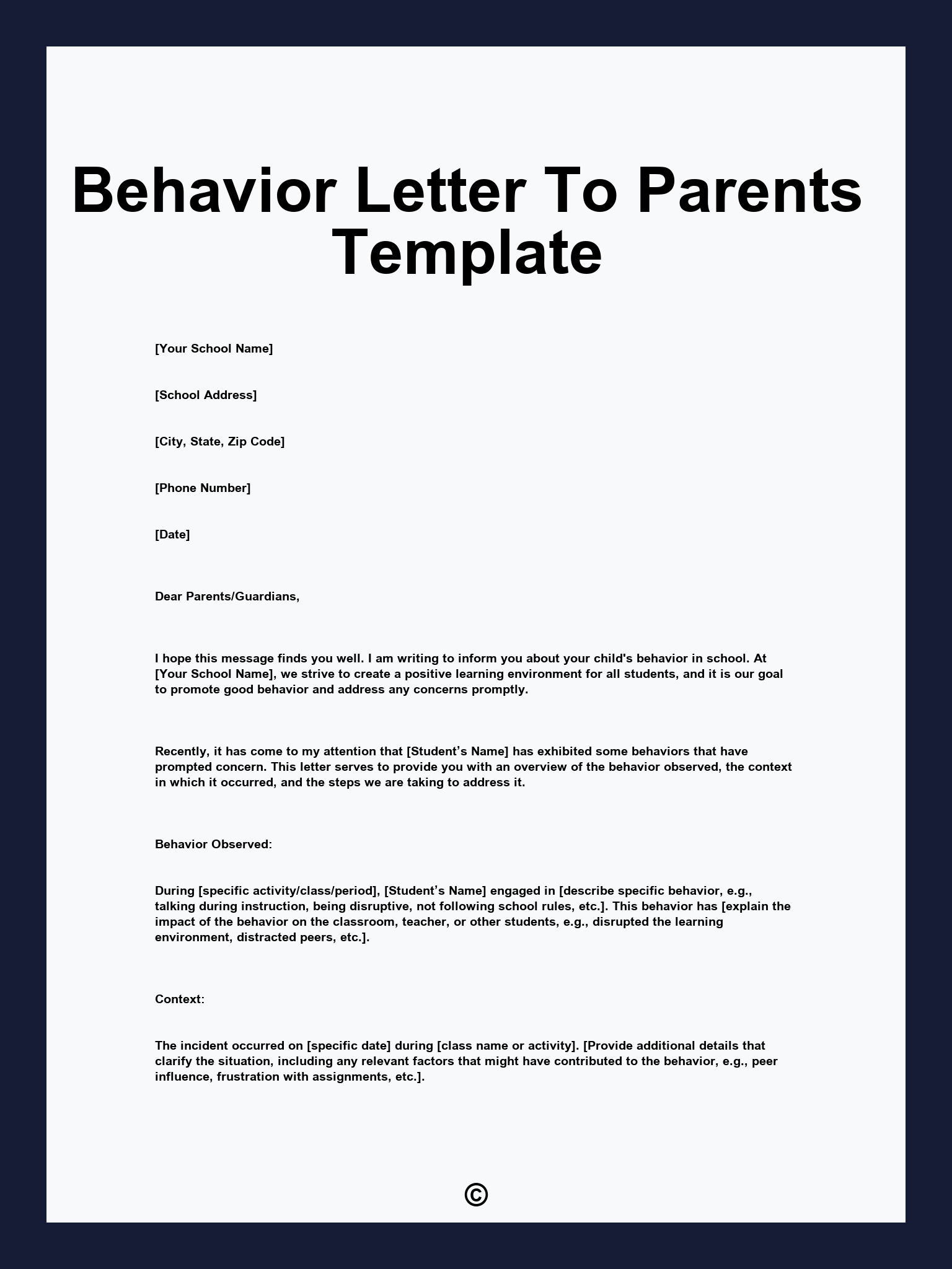 Behavior Letter To Parents Template