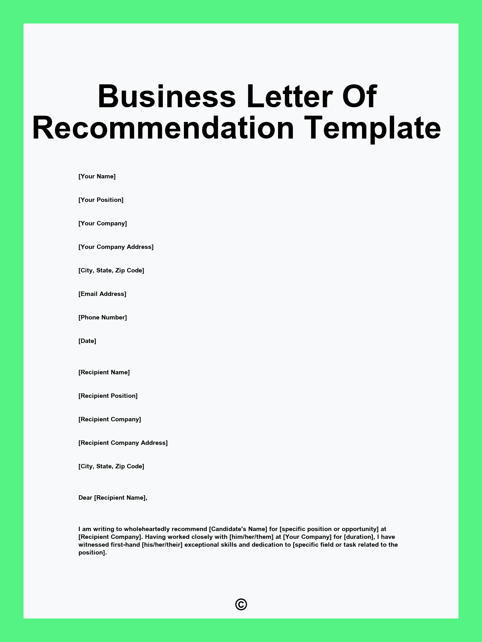 Business Letter Of Recommendation Template