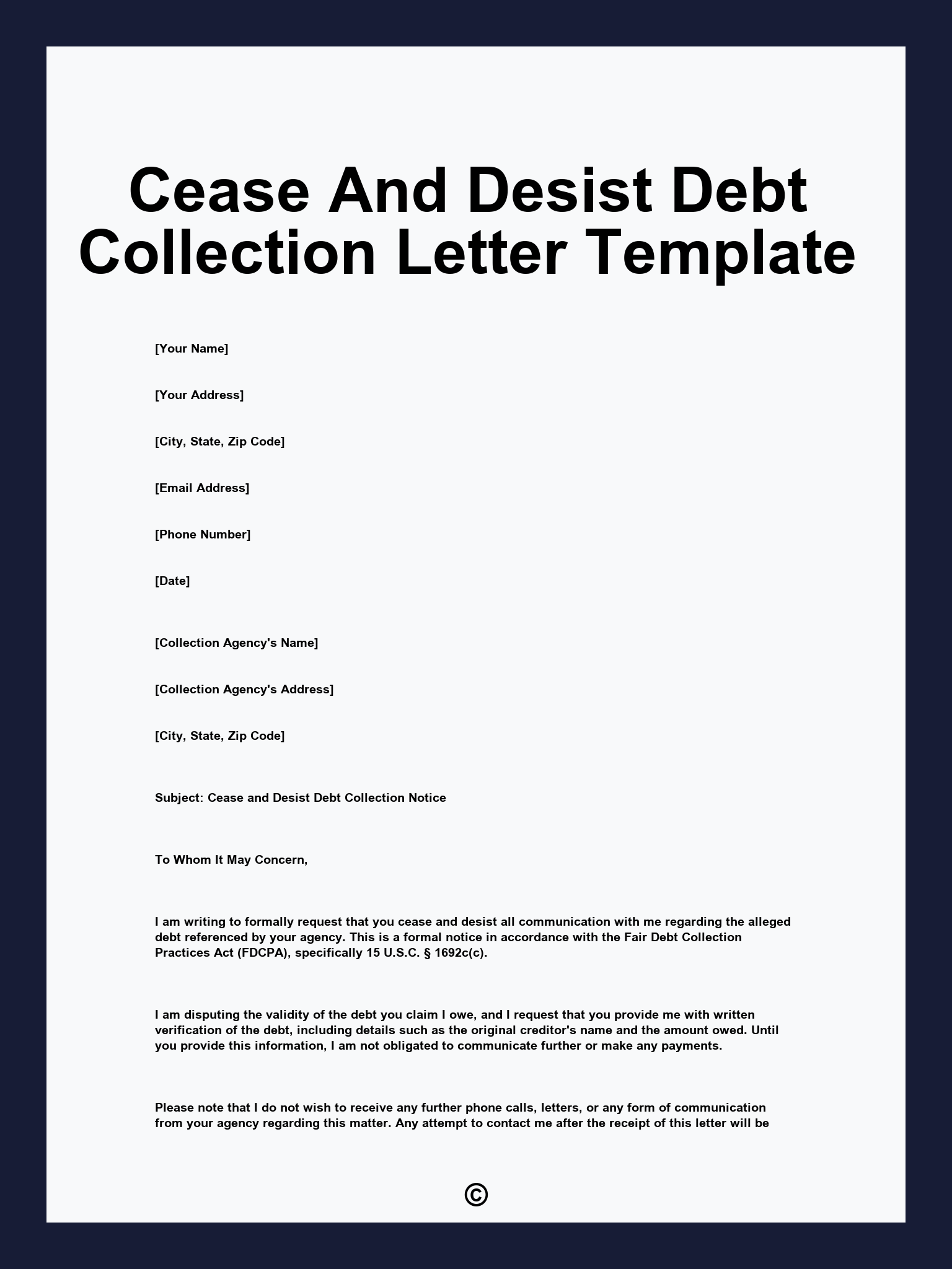 Cease And Desist Debt Collection Letter Template