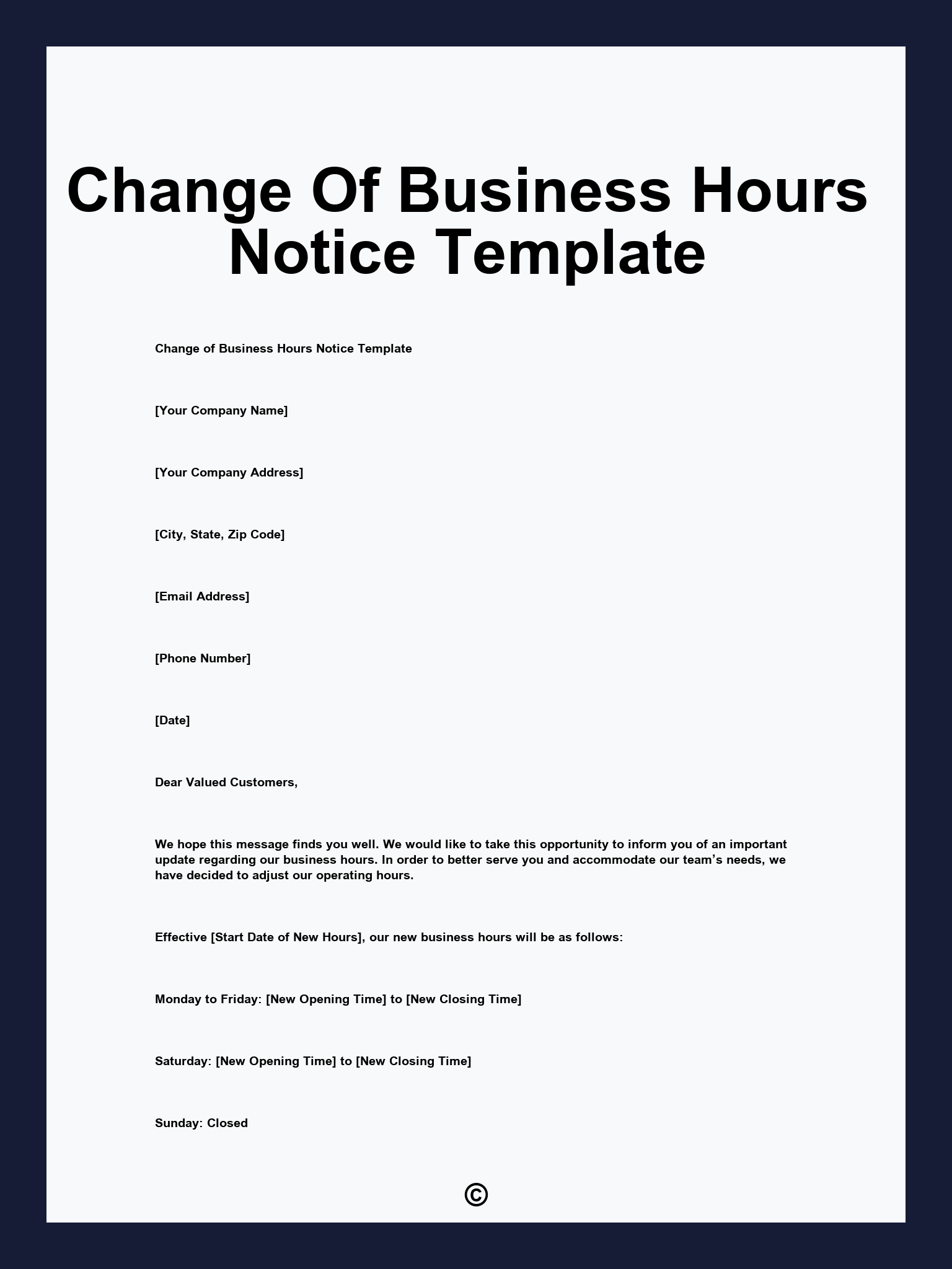 Change Of Business Hours Notice Template