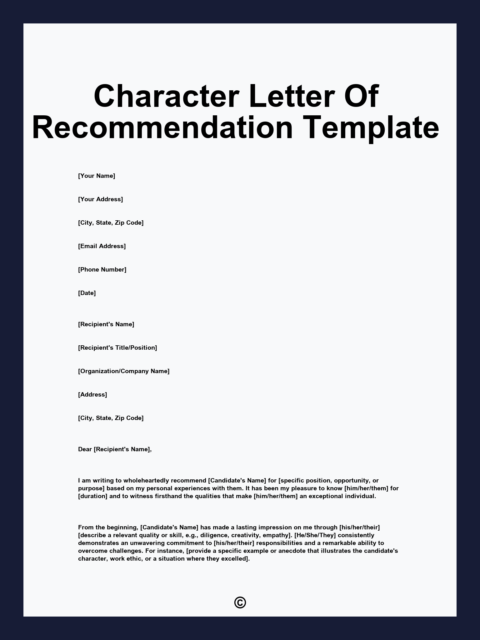 Character Letter Of Recommendation Template