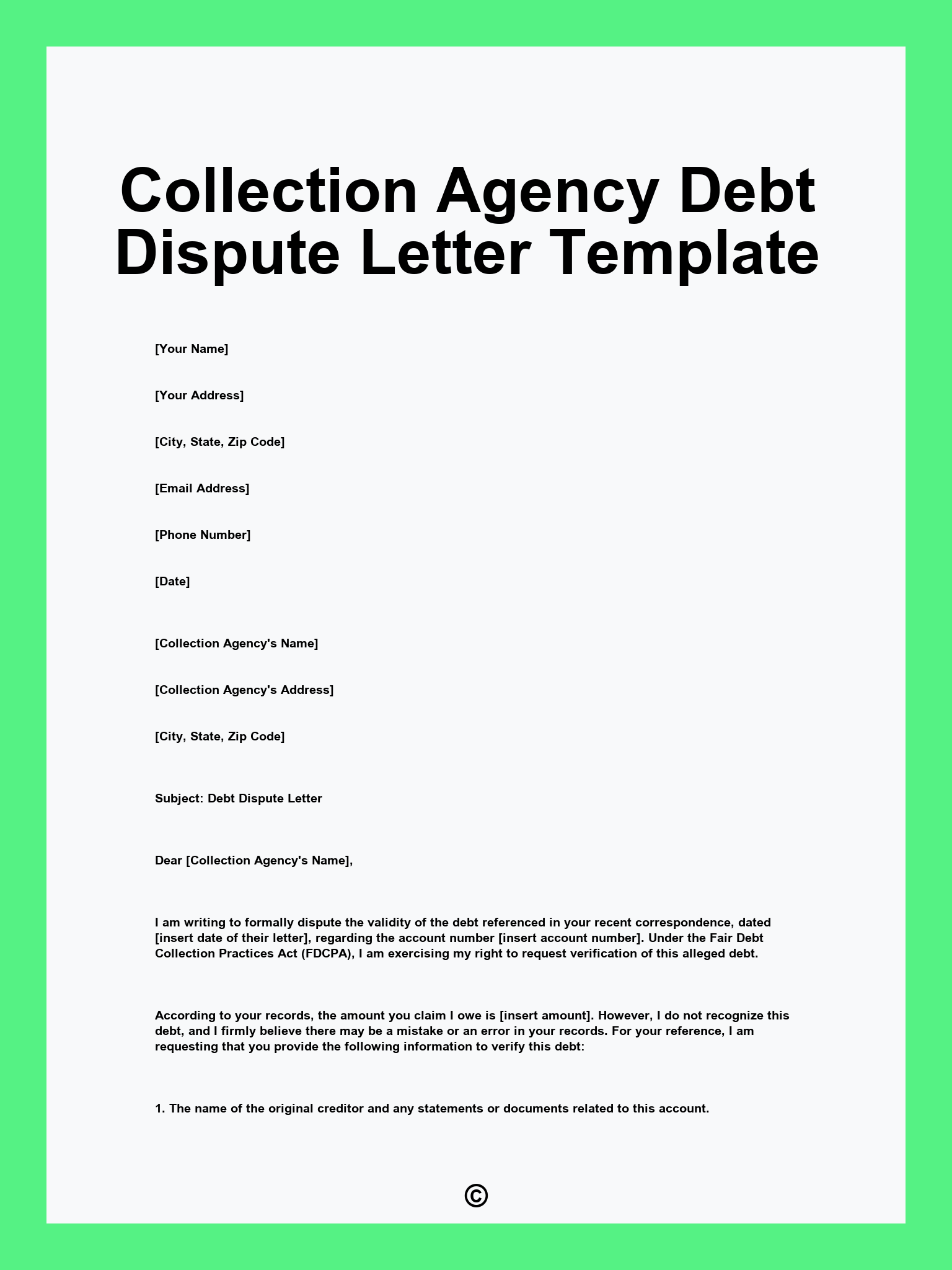 Collection Agency Debt Dispute Letter Template