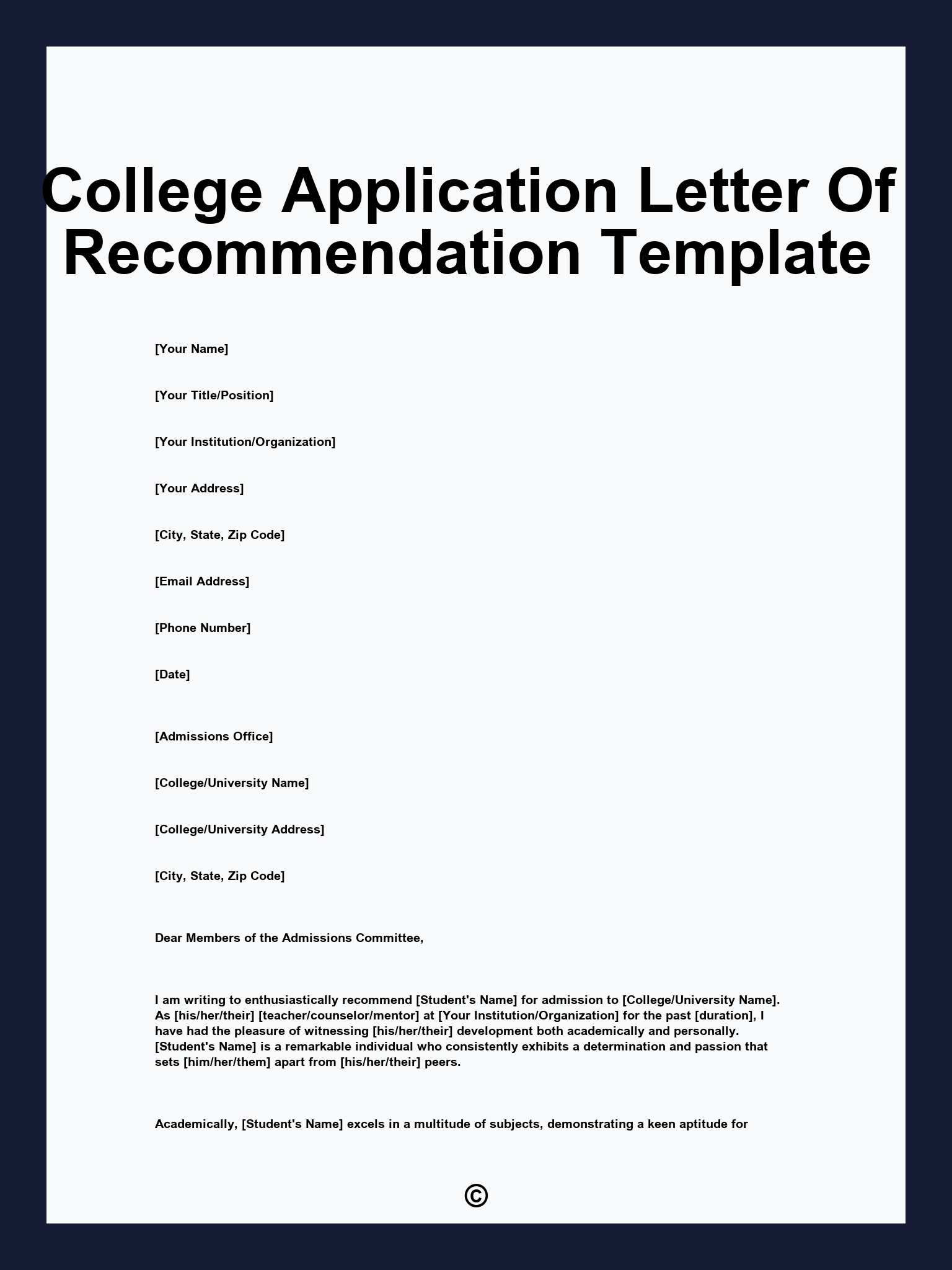 College Application Letter Of Recommendation Template