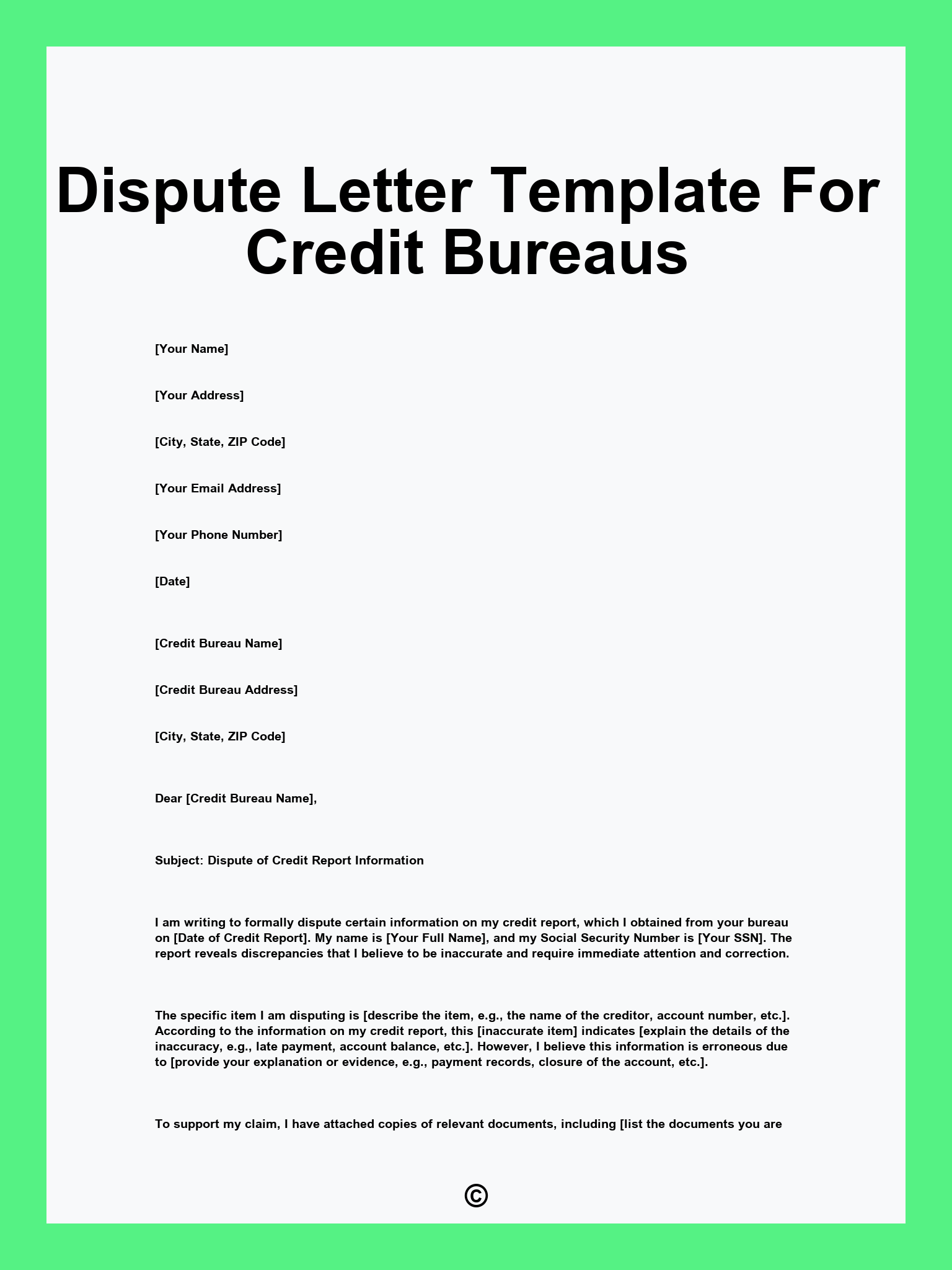 Dispute Letter Template For Credit Bureaus