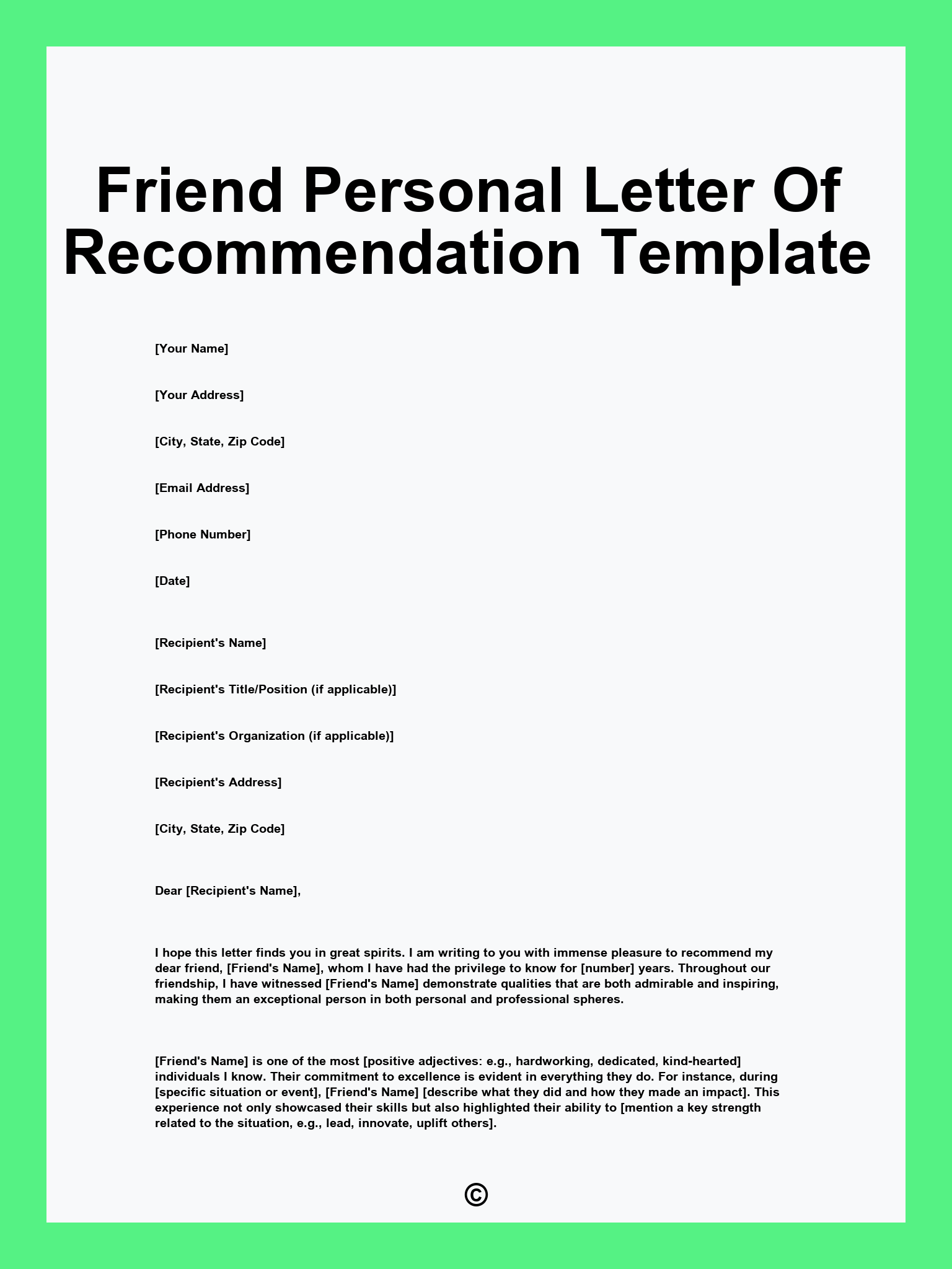 Friend Personal Letter Of Recommendation Template
