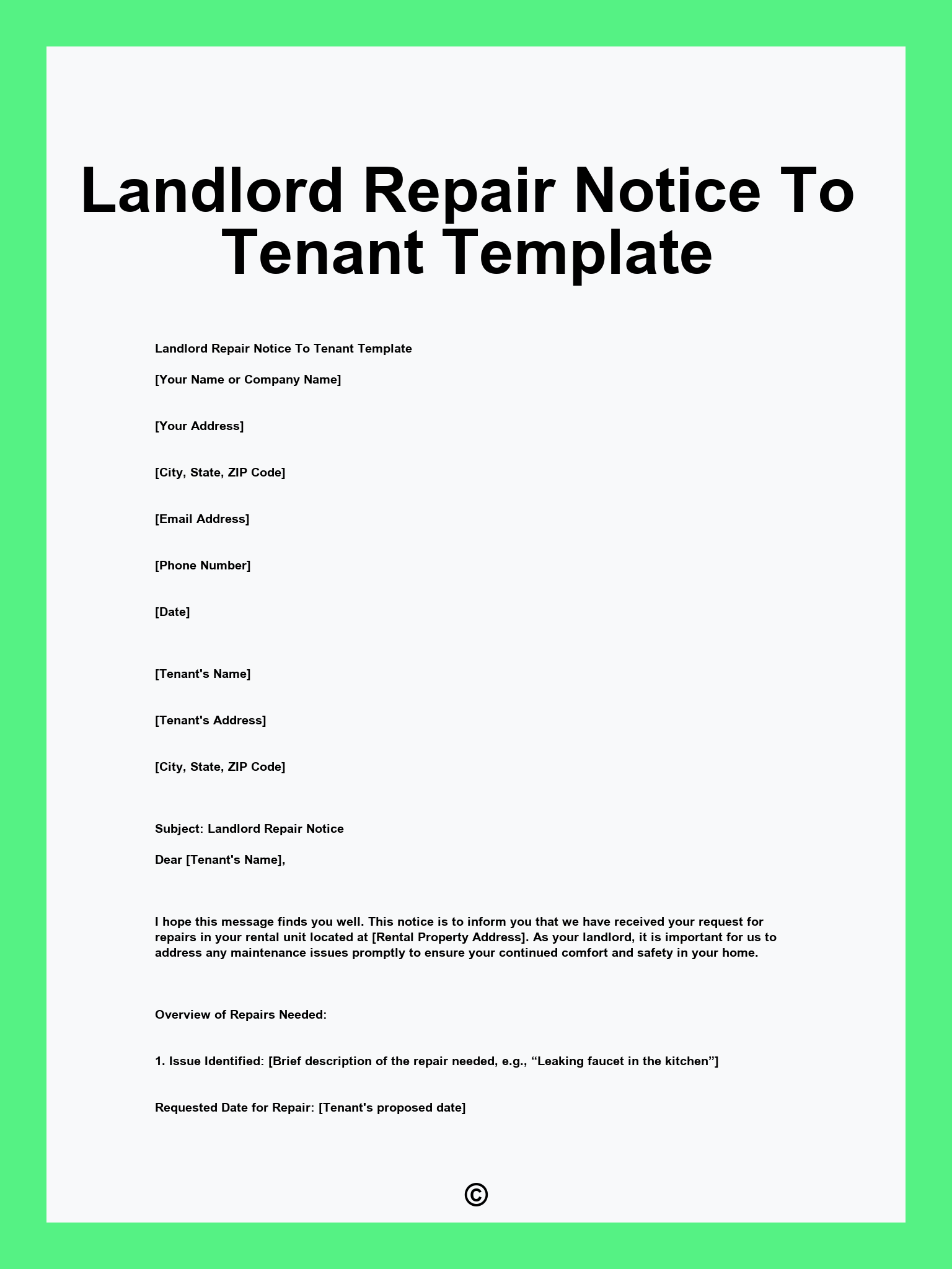 Landlord Repair Notice To Tenant Template