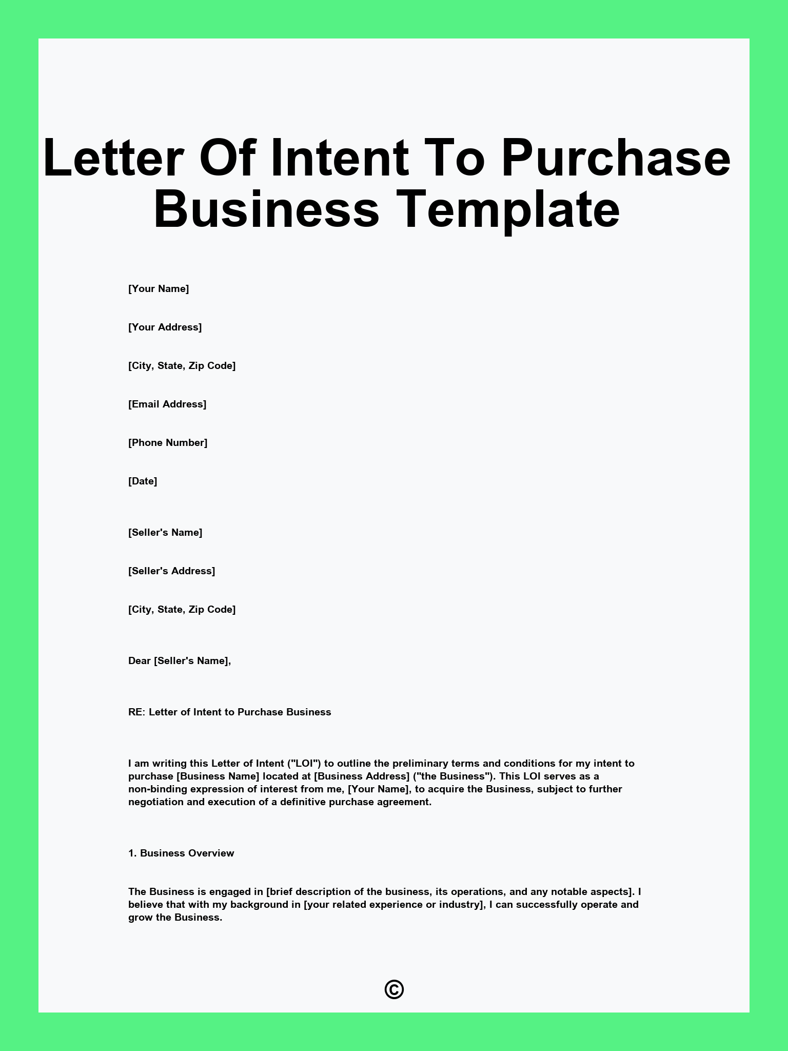 Letter Of Intent To Purchase Business Template