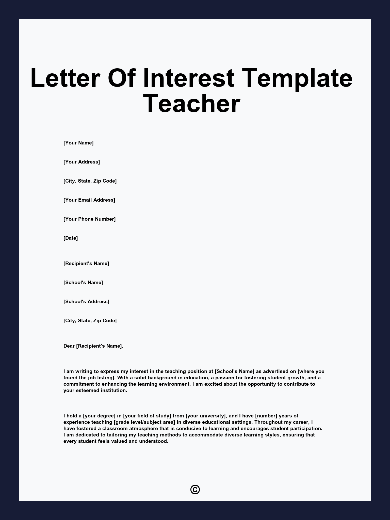 Letter Of Interest Template Teacher