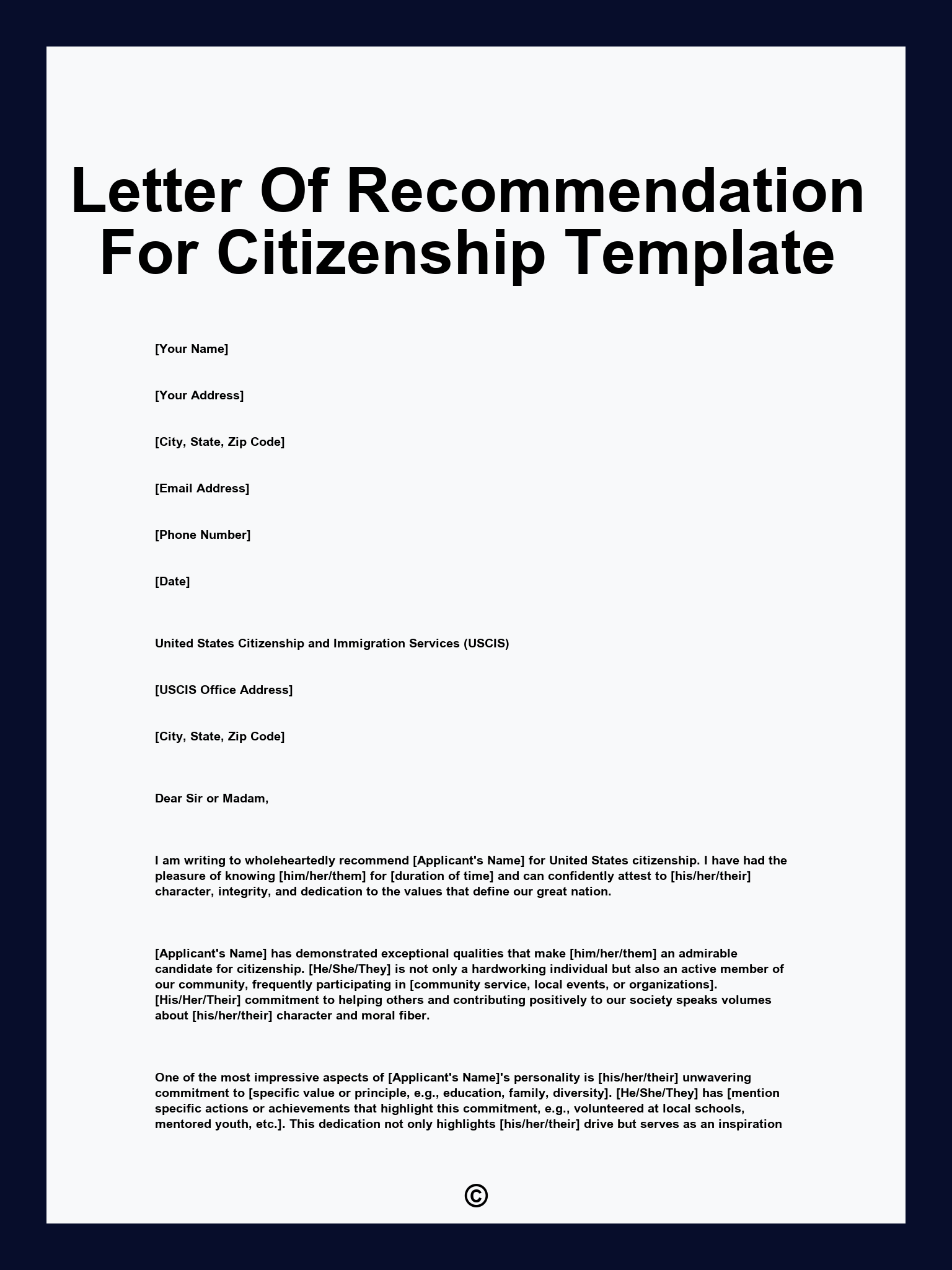 Letter Of Recommendation For Citizenship Template