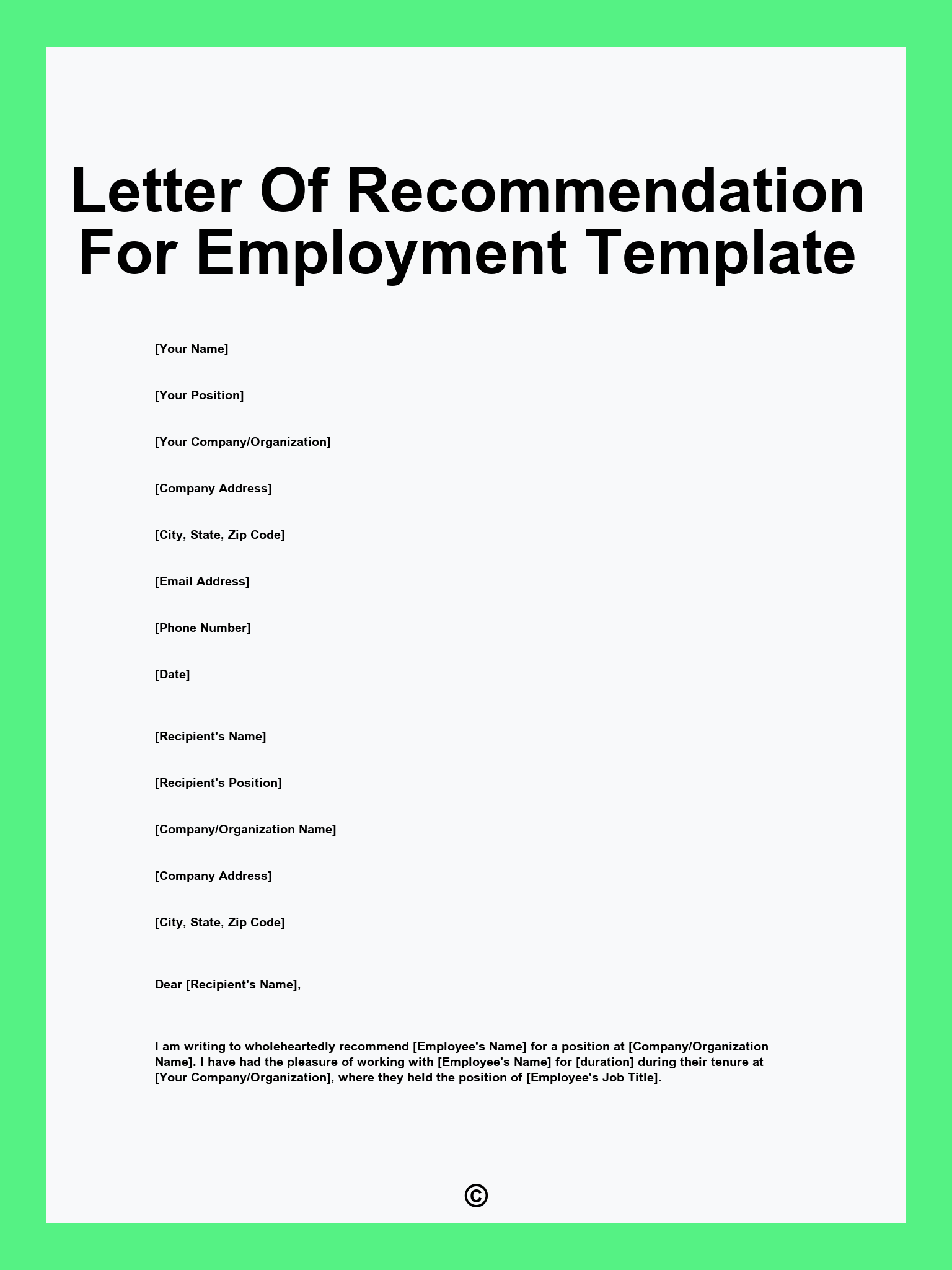Letter Of Recommendation For Employment Template