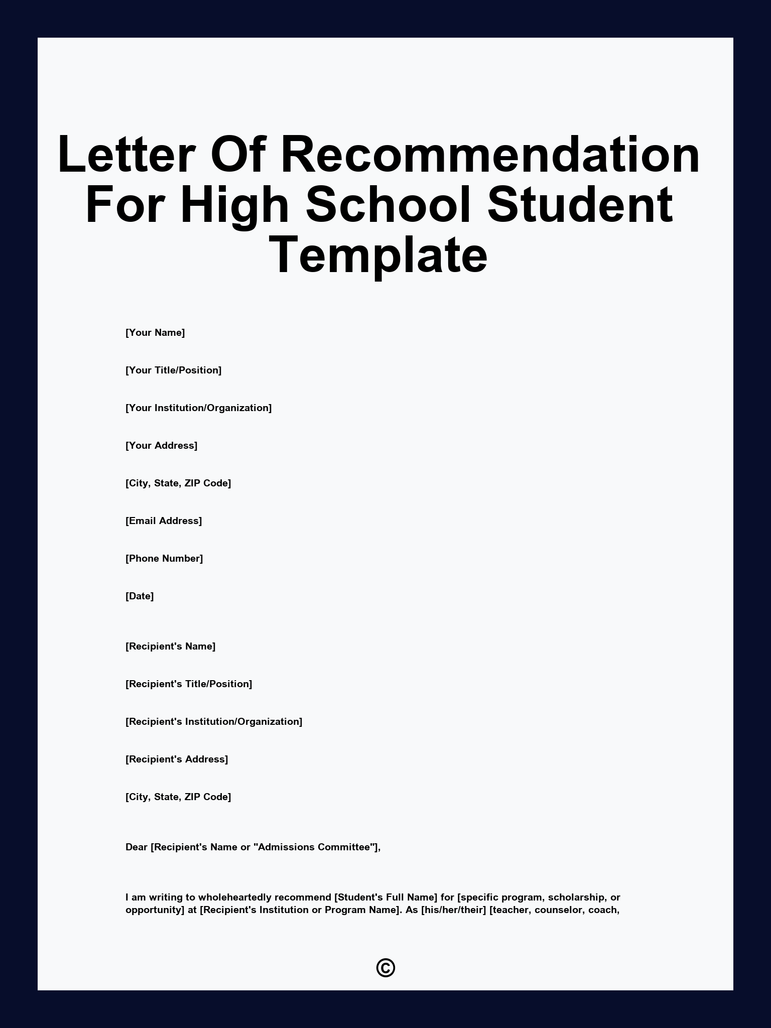 Letter Of Recommendation For High School Student Template