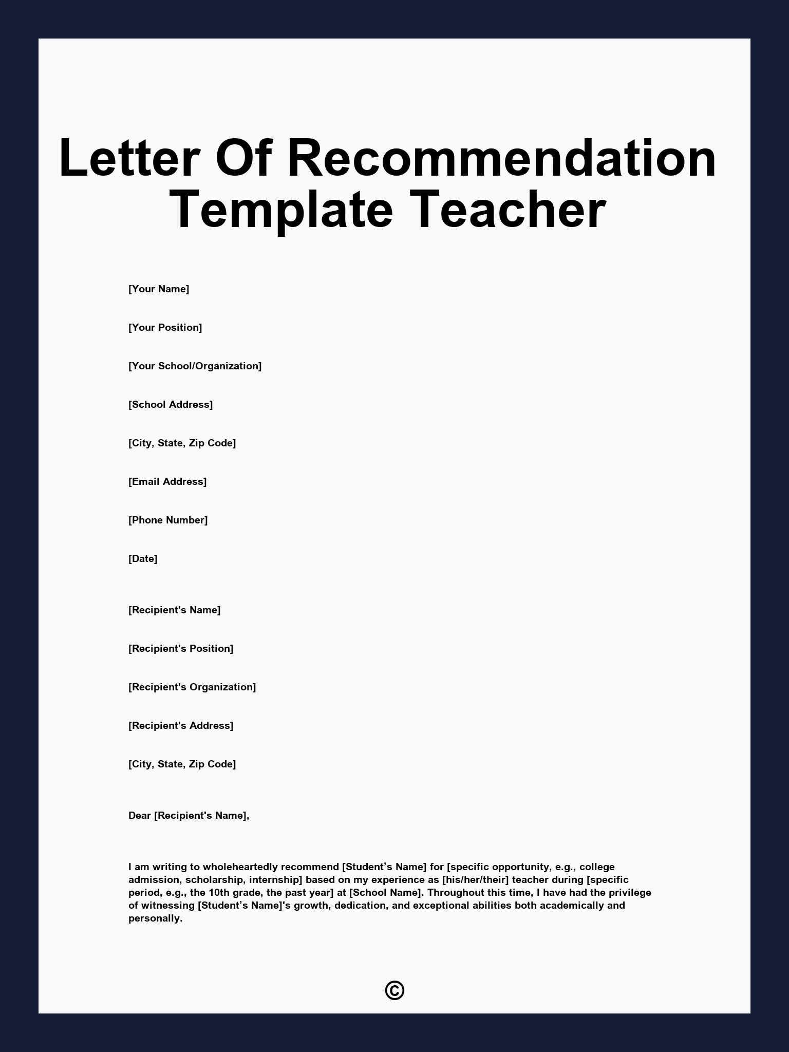 Letter Of Recommendation Template Teacher