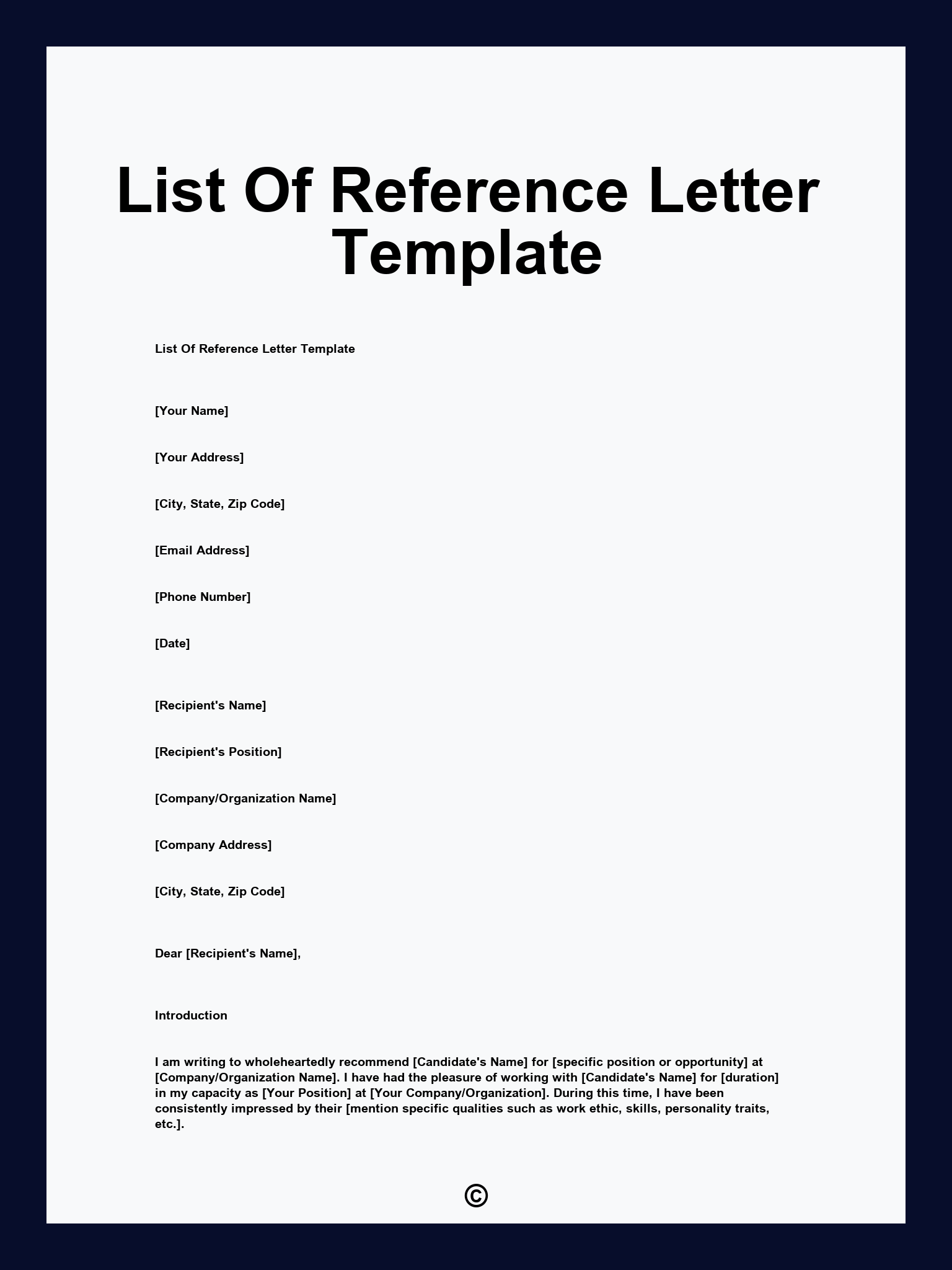 List Of Reference Letter Template
