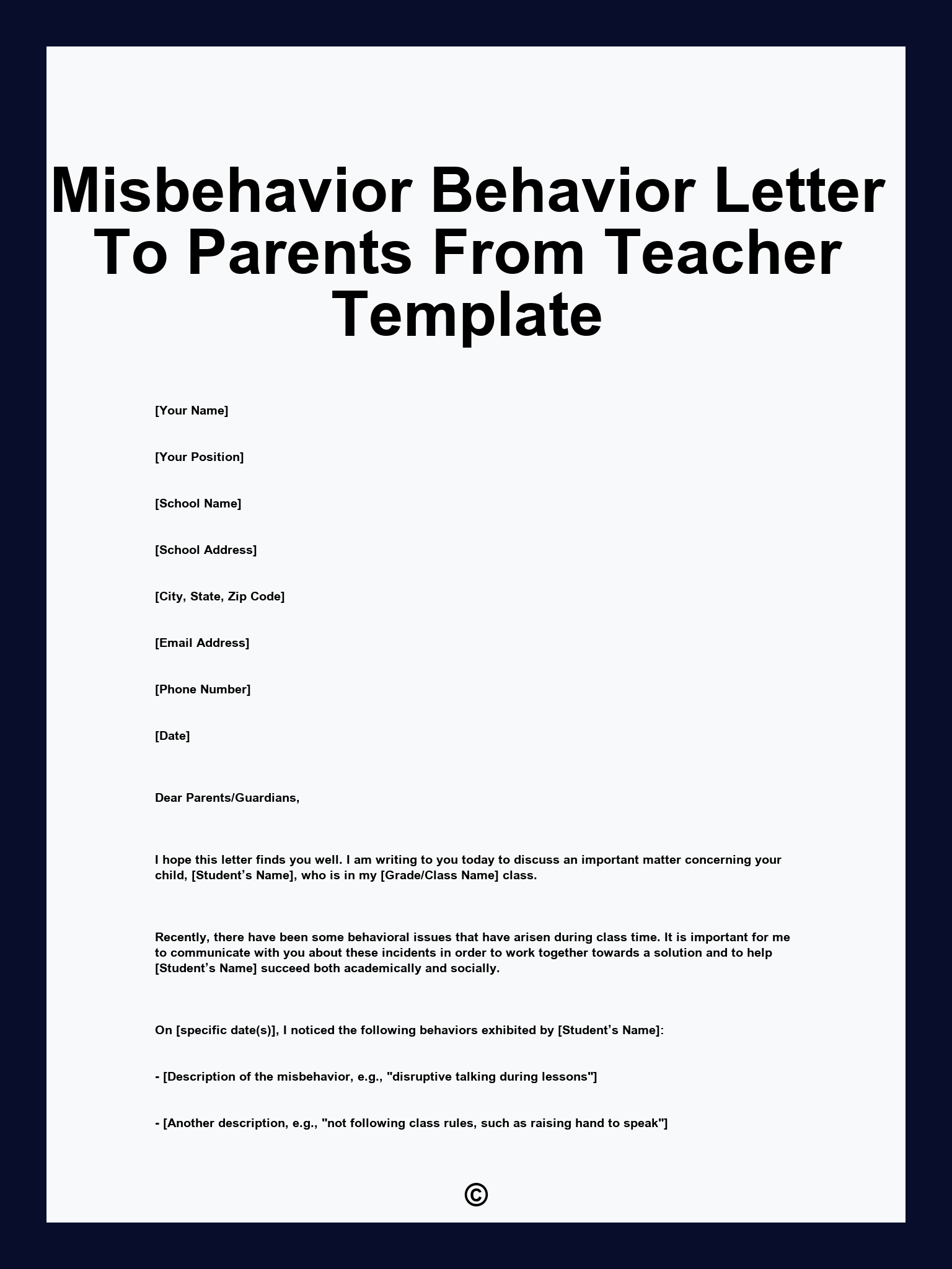 Misbehavior Behavior Letter To Parents From Teacher Template