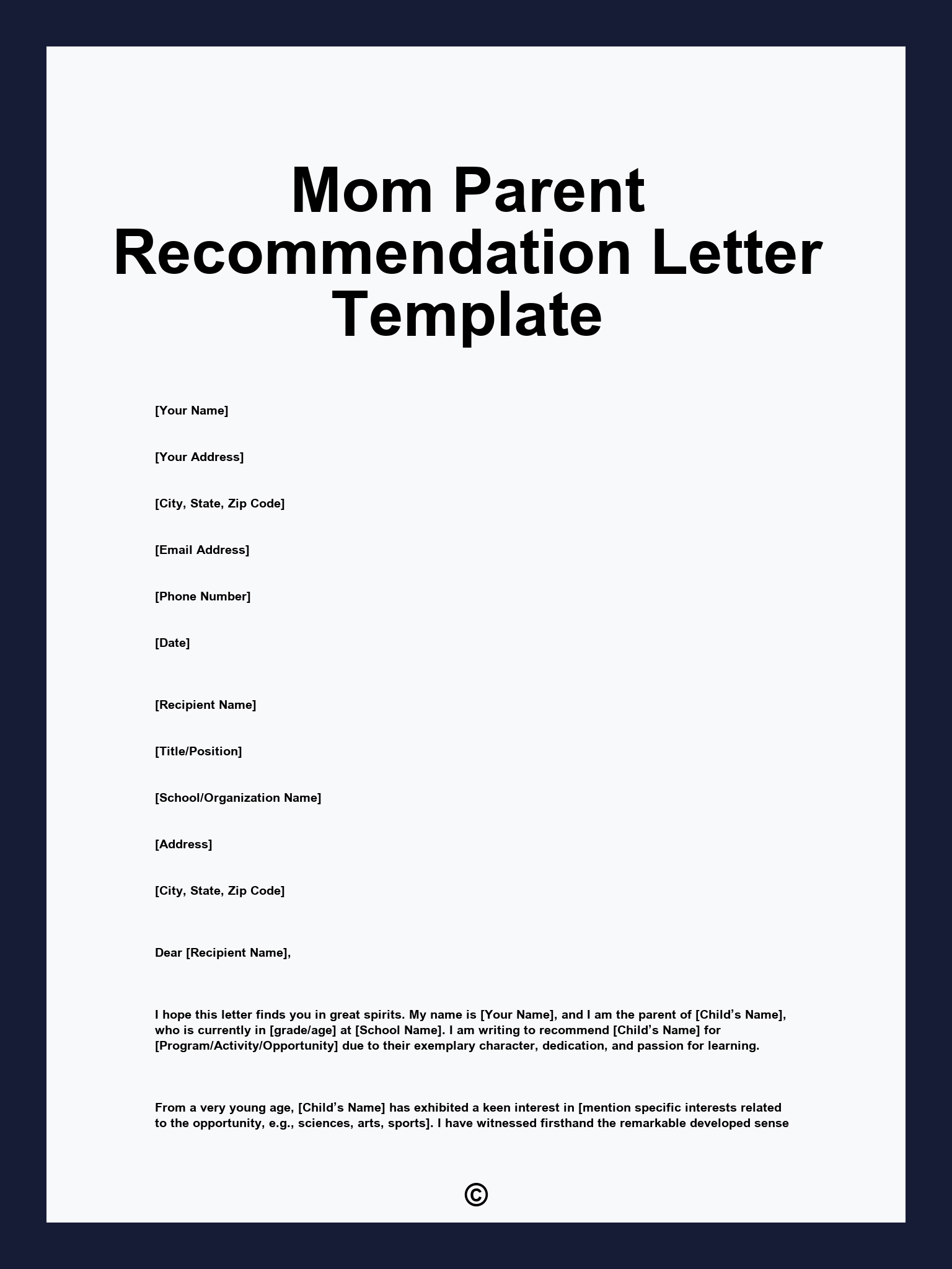 Mom Parent Recommendation Letter Template