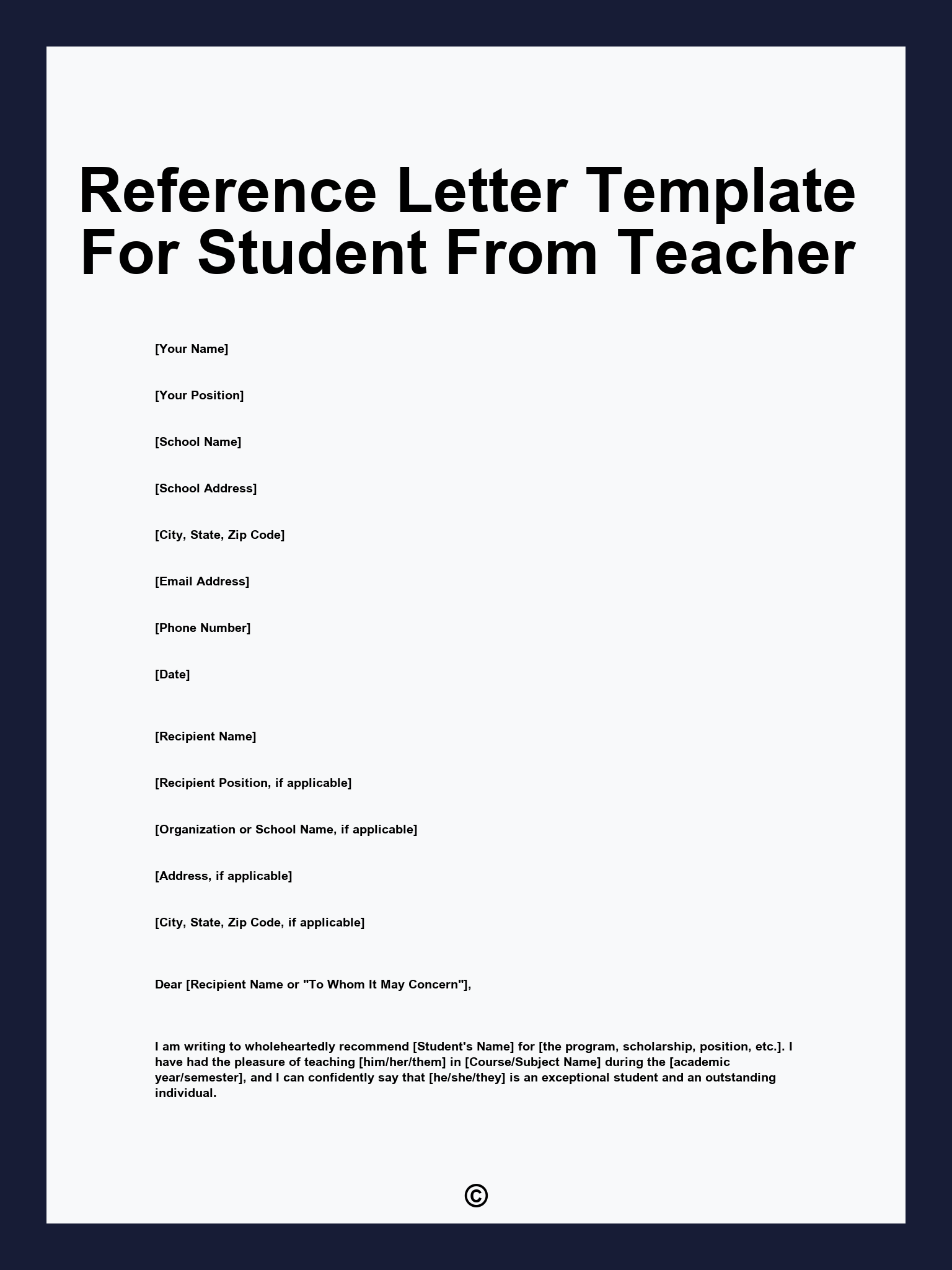 Reference Letter Template For Student From Teacher