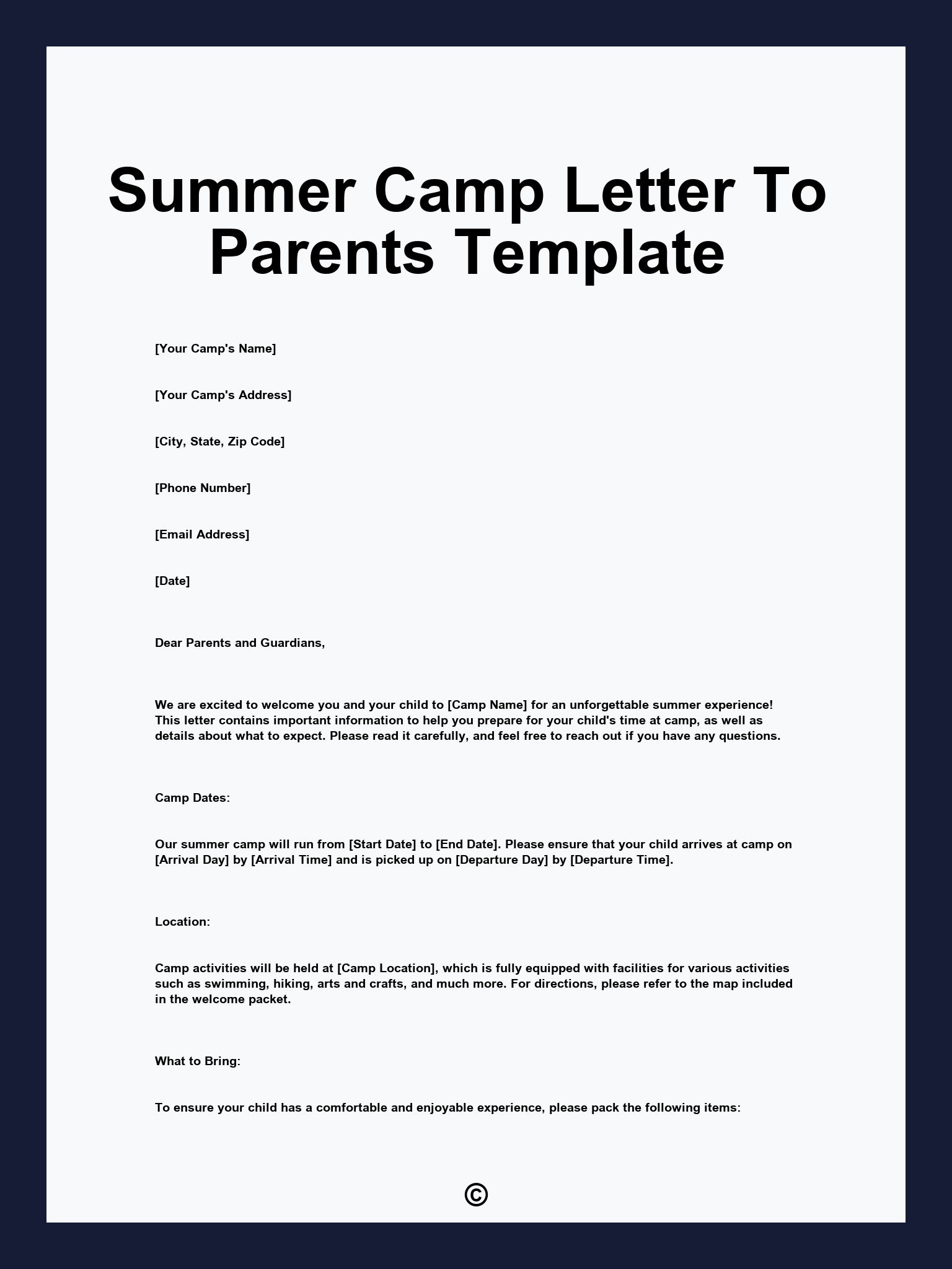 Summer Camp Letter To Parents Template