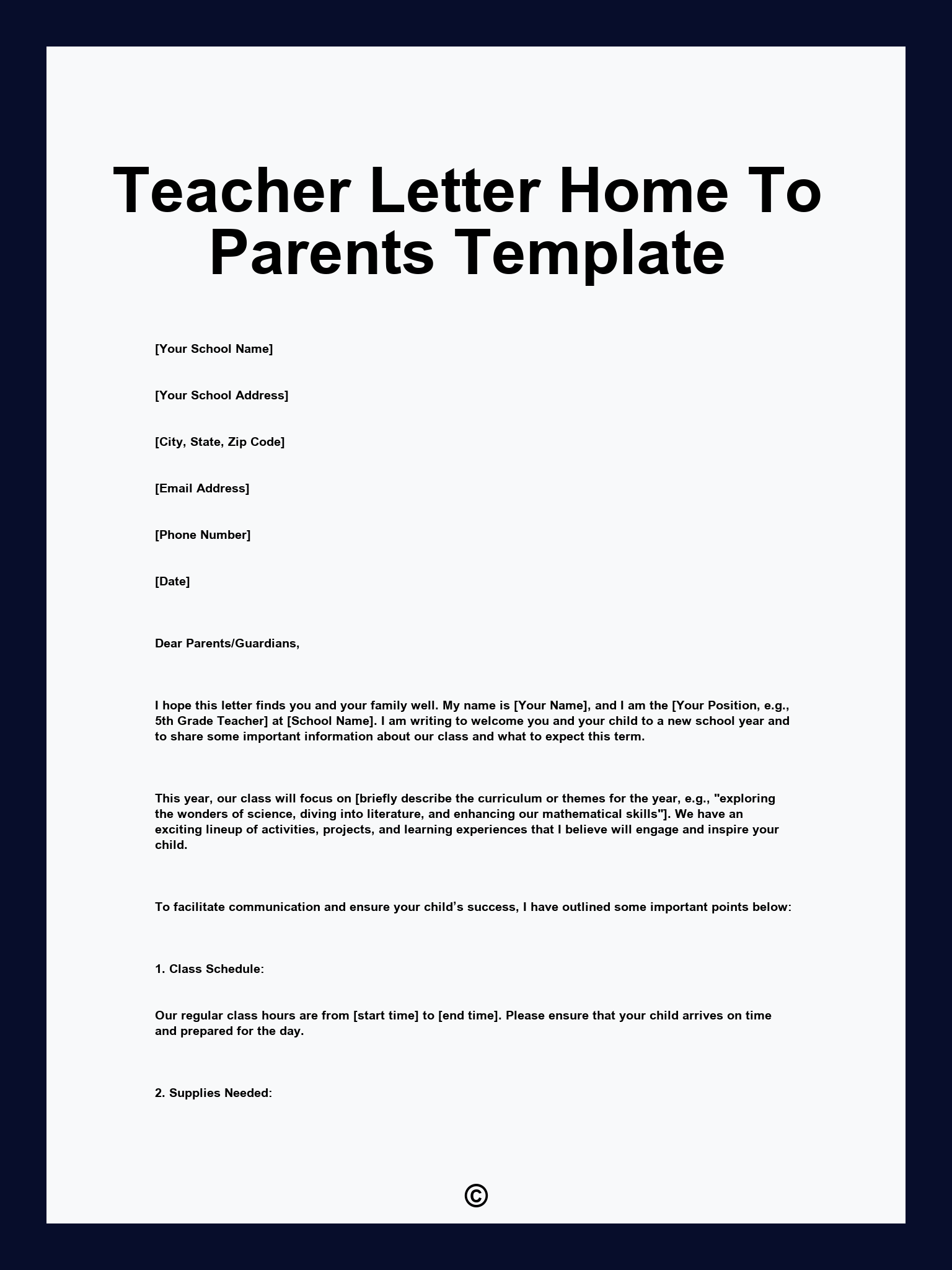 Teacher Letter Home To Parents Template