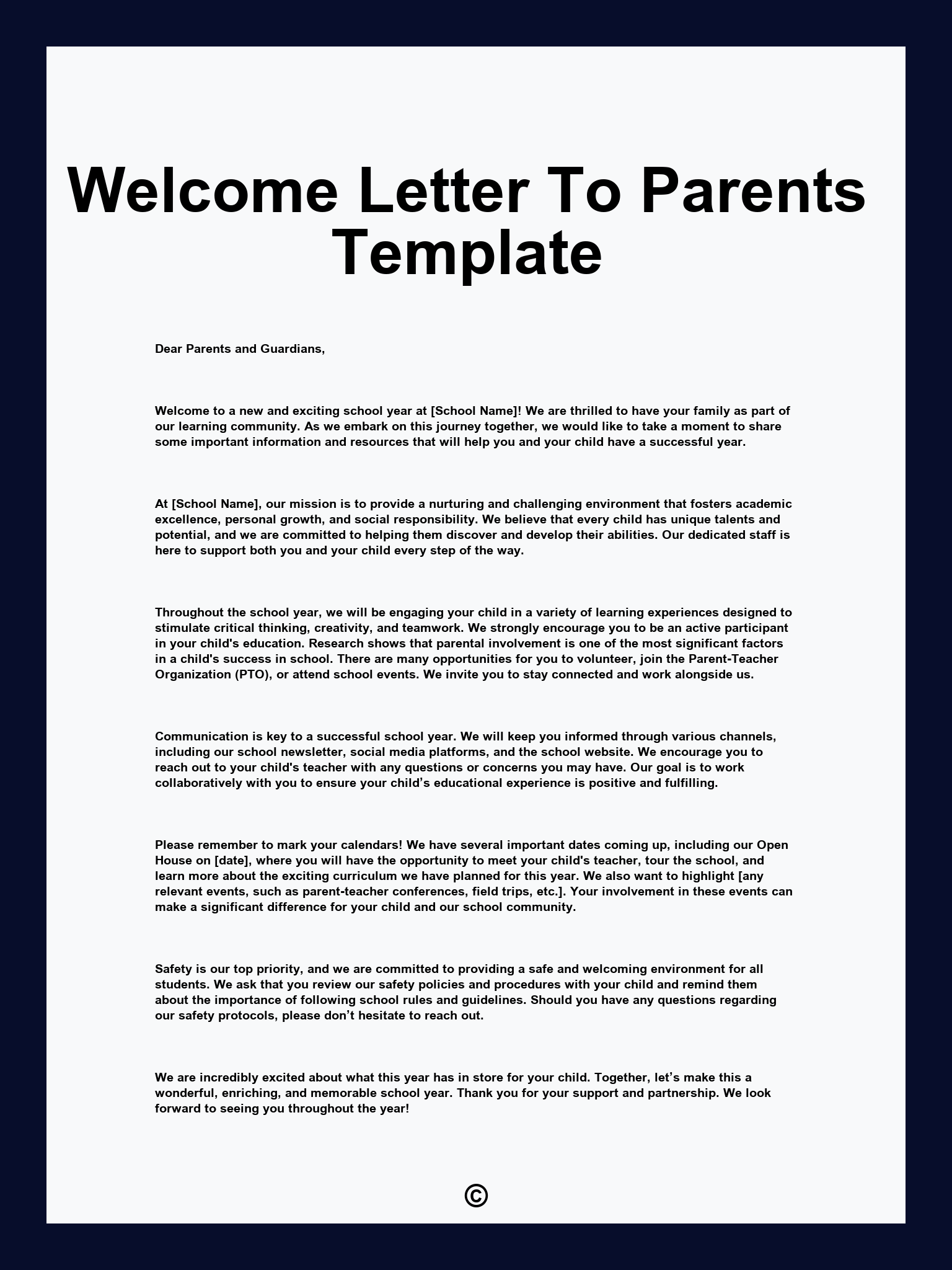 Welcome Letter To Parents Template